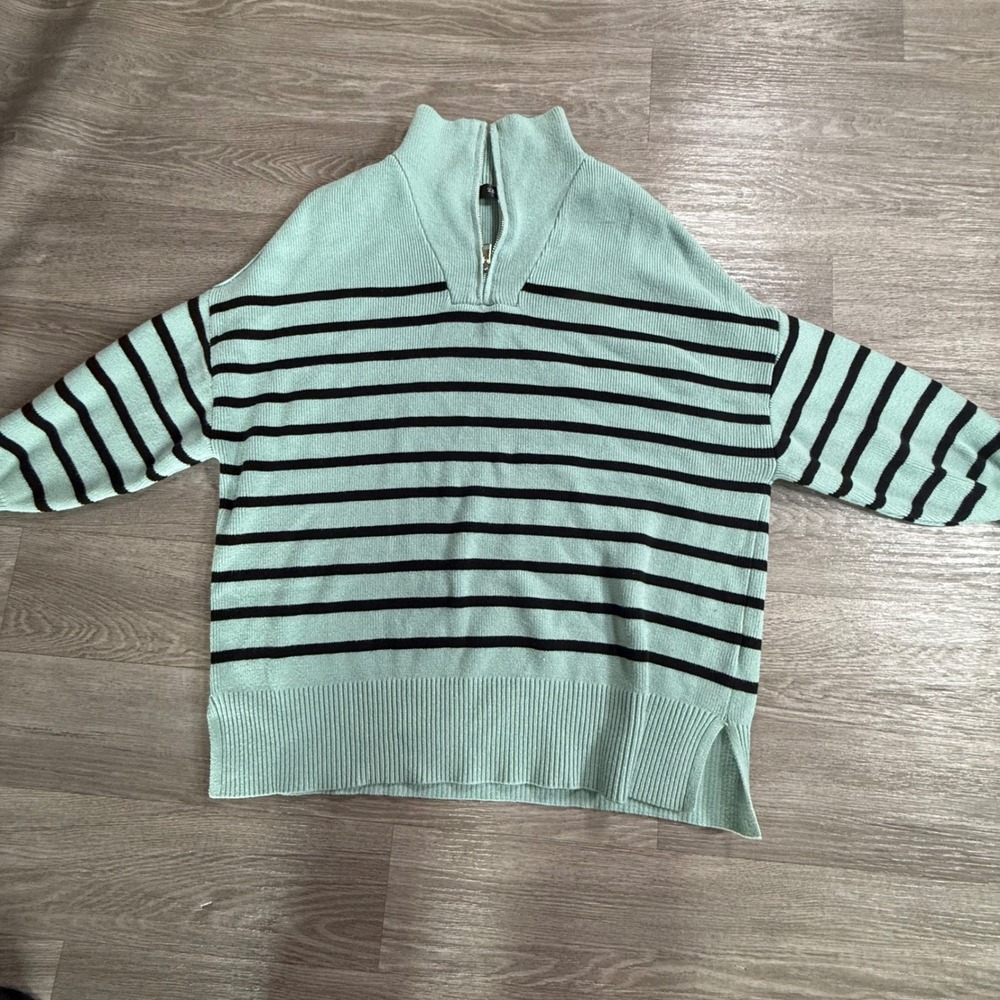 Zesica Mint Green Striped Quarter Zip Oversized Pullover Sweater Small